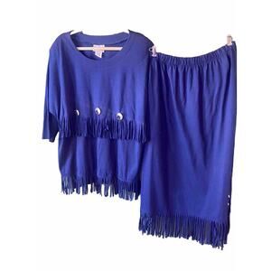 Womens Size 1XL Skirt & Shirt Set Blue w/ Fringe Conchos Western Rodeo Vintage